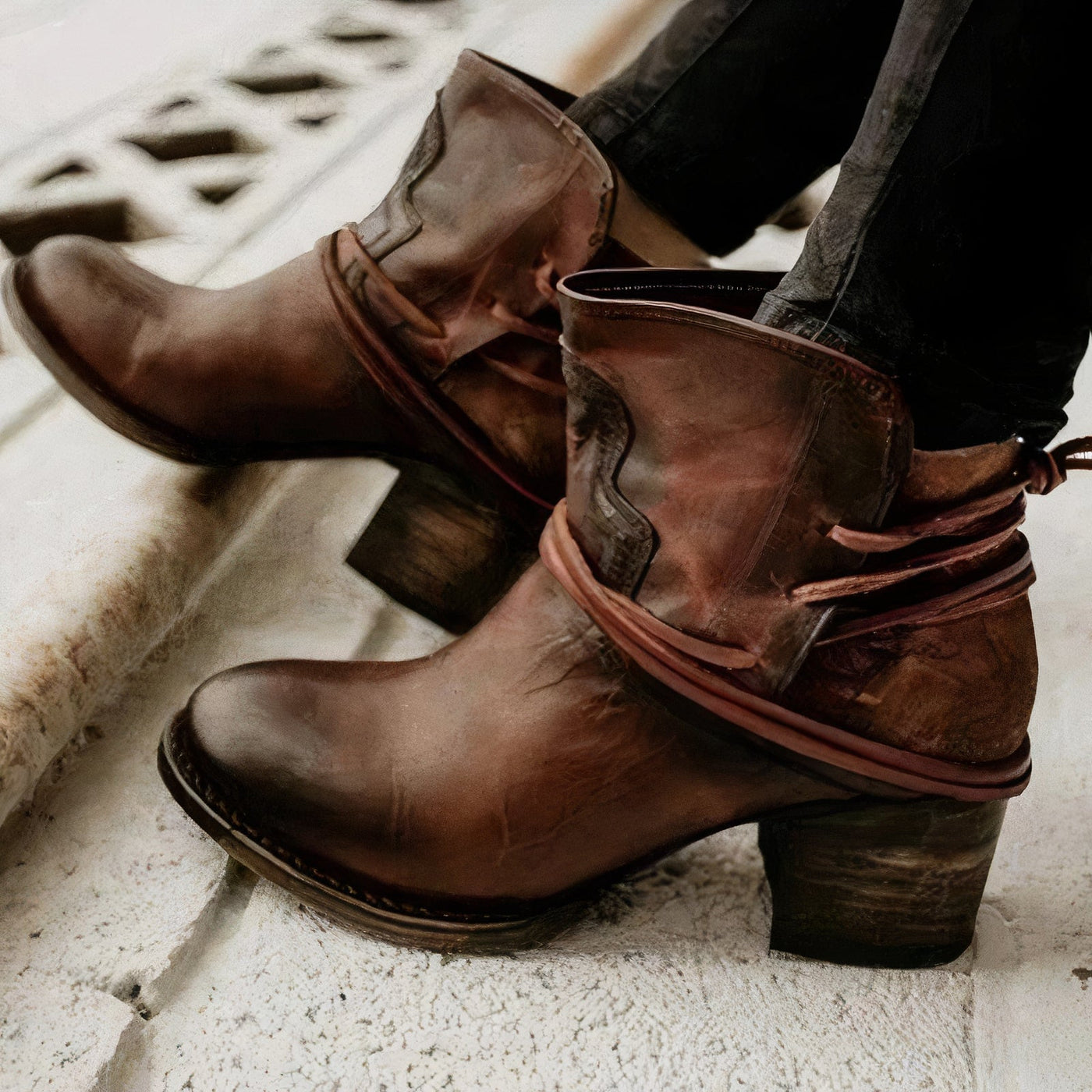 Women's Ankle Boots – Leather – Western Style – Block Heel – Wrapped L ...